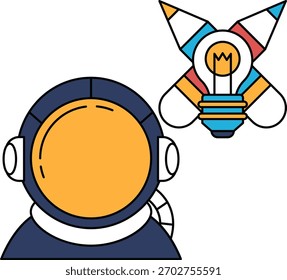 Un hombre en traje espacial está mirando una bombilla. La bombilla es un símbolo de una idea o un nuevo concepto. El hombre representa a la persona que tiene la idea, y la bombilla representa la idea misma