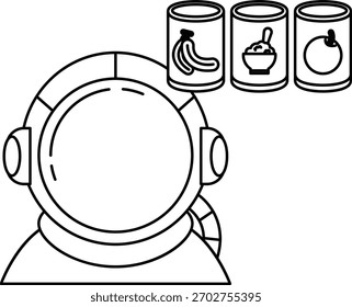 Un hombre en traje espacial está mirando tres latas de comida. Las latas están etiquetadas con diferentes tipos de alimentos, incluidos plátanos, frutas enlatadas y verduras enlatadas. El hombre está pensando en qué comer