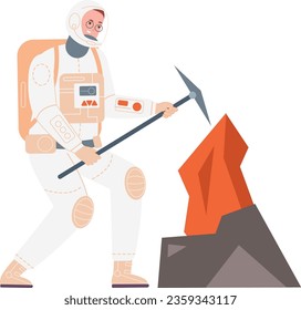 Man in spacesuit mining rocks. Astronaut with pickaxe exploring planet ground isolated on white background