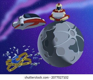A man in a spacesuit sits on the moon and studies or works on a laptop on the network, waiting for vaccinations while the Earth is in the quarantine zone