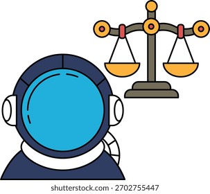 A man in a spacesuit is standing in front of a scale. The scale is balanced, with the man on one side and a weight on the other. Concept of balance and stability