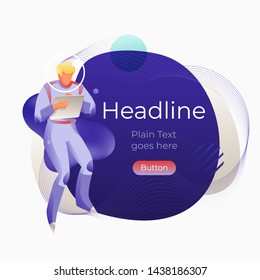 Man in a spacesuit using a tablet computer over a modern abstract navy blue background. Vector template for web banners, media posts, advertises, marketing materials.   