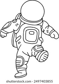A man in a spacesuit is walking. The spacesuit is white and has a blue stripe