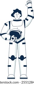 A man in a spacesuit is waving