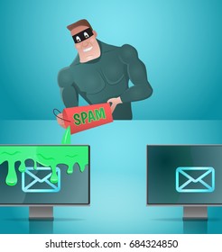Man spamming emails.E-mail protection concept.Vector illustration.