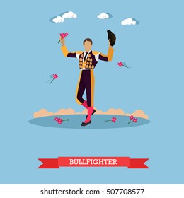 Man in spanish torero dress. Matador on arena for bullfighting. Vector concept poster.