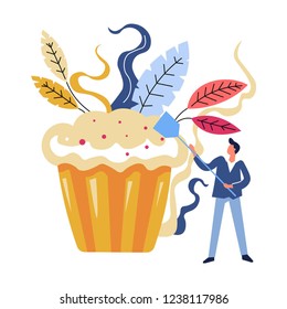 Hombre con espátula, chef profesional horneando postre de torta grande