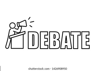 Man speak with megaphone made gesture hand behind tribune. Debate concept banner with lettering text.