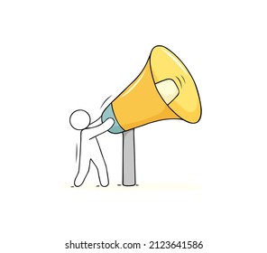 Man speak or shout in megaphone. Speaker with bullhorn. Concept of communication, public speech, alert announcement or social marketing. Vector hand drawn illustration of person with loudspeaker