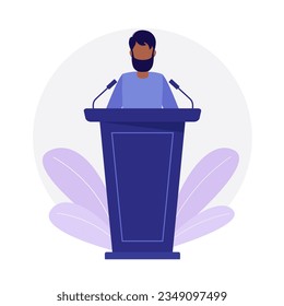 A man speaker with a bear speaks to the public on the podium. Vector illustration in flat style. Isolated on a white background.