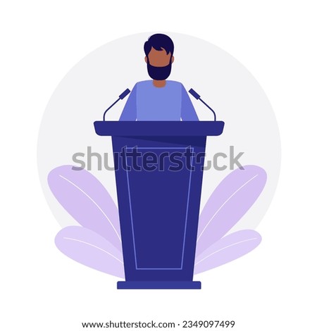 A man speaker with a bear speaks to the public on the podium. Vector illustration in flat style. Isolated on a white background.