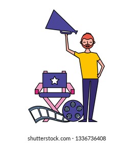 man with speaker chair and reel
