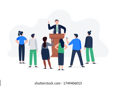 A man speaker and a group of people listen to a speech. A speech from tribune with microphones. Male political character and electorate. Vector flat concept illustration.