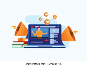 Man with speaker for marketing strategy. Social media marketing landing page website illustration vector flat design 