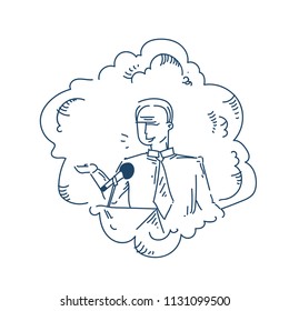 man speaker microphone toastmaster speech at conference over white background sketch doodle vector illustration