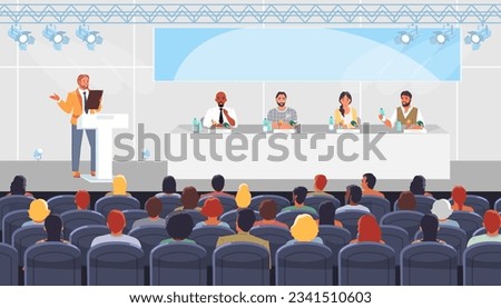 Man speaker performing on stage in hall front of audience on conference or seminar vector illustration. New product presentation, business lecture or science meeting event concept