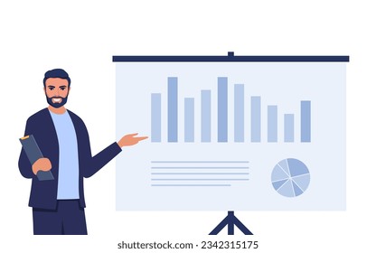 Man speaker pointing at presentation on white board during business seminar. Office worker showing report at whiteboard with pointer. Vector illustration