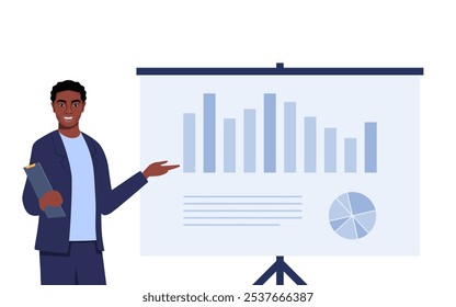 Man speaker pointing at presentation on white board during business seminar. Office worker showing report at whiteboard with pointer. Vector illustration