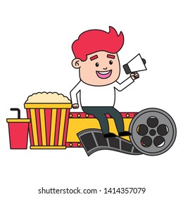 man speaker reel pop corn soda film production vector illustration