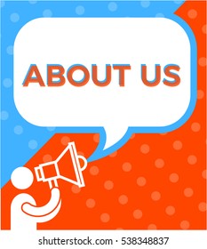 Man with SPEAKER, saying "ABOUT US" in chat bubble