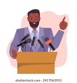 Man speaker speaking from podium with microphone. Male leader with glasses and black formal suit presenting confident speech with hand up, person standing at tribune cartoon