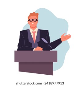 Man speaker speaking from podium with microphone. Male leader with glasses and black formal suit presenting confident speech with hand up, person standing at tribune cartoon vector illustration