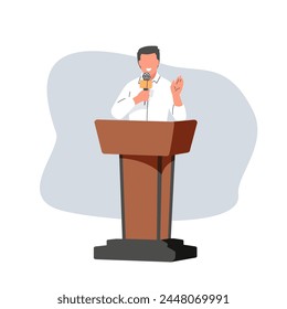 Man speaker speaking from podium with microphone. Male leader with glasses and black formal suit presenting confident speech with hand up, person standing at tribune cartoon vector illustration