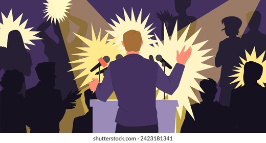 Man speaker speaking from podium in spotlight and camera flashes, back view. Public interview of politician or male leader in front of mass media journalists silhouettes cartoon vector illustration