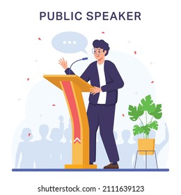 Man Speaker Standing Behind of Podium with Microphones Public Speaking