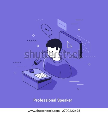 Man speaker talking into a microphone at a podium. Public speaking and presentation concept. Thin line isometric vector illustration.