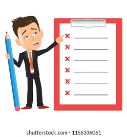 man speaking about what not to do showing things list task list pointing with a big pencil on a clipboard