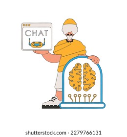 Man speaking to an AI on a device he holds, depicted in vector art.