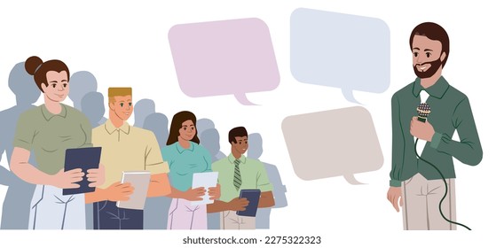 Man speaking to an audience who are using tablet PCs. Entrepreneurship and training. People attentive to a speaker. Vector illustration isolated on white background.