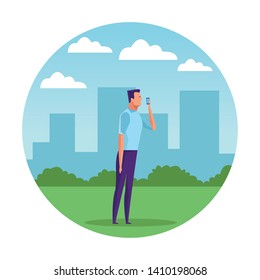 man speaking by the cellphone avatar cartoon character on the grass with cityscape background vector illustration graphic design