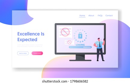 Man Speaking by Walkie Talkie Landing Page Template. Tiny Male Character in Formal or Guardian Wear Stand at Huge Computer Monitor with Loading Slider and Lock on Screen. Cartoon Vector Illustration