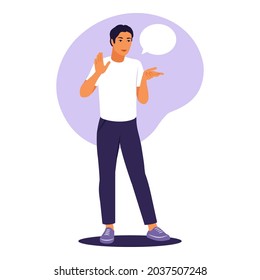 El hombre está hablando de concepto. Ilustración vectorial. Plano.