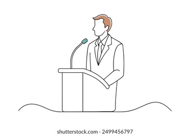 Man speaking at a conference Hand drawn offset fill with doodle illustration