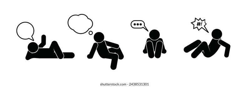 man speaking icon, sitting and lying people, isolated stickman silhouettes