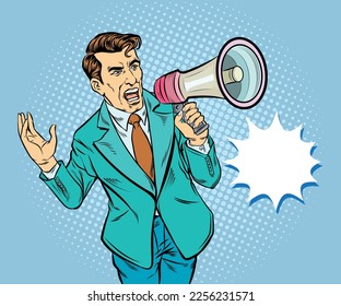 Man speaking into a megaphone He wanted others to be able to hear clearly. pop art retro hand drawn style vector design illustration.