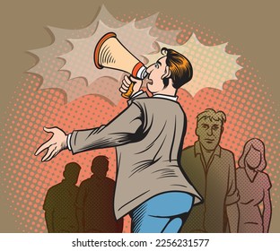Man speaking into a megaphone He wanted others to be able to hear clearly. pop art retro hand drawn style vector design illustration.