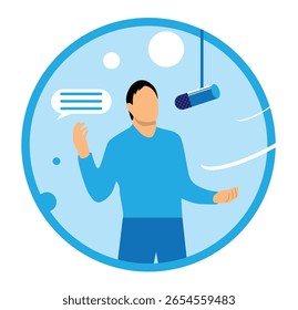 Man Speaking into Microphone in Audio Podcast Round Emblem. People and activities in audiovisual media vector art