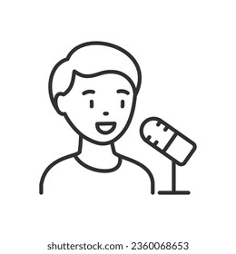 A man speaking into a microphone, linear icon. Interview, Podcast. Line with editable stroke