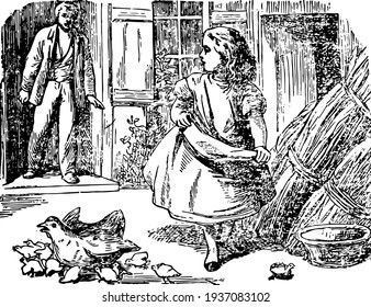 A man speaking to little girl standing near bundle of sheaves, hen with chicks near her, vintage line drawing or engraving illustration