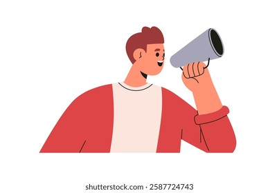 Man speaking with megaphone in hand. Announcing marketing message, promoting with loudspeaker. Promotion, announcement in loud speaker, bullhorn. Flat vector illustration isolated on white background