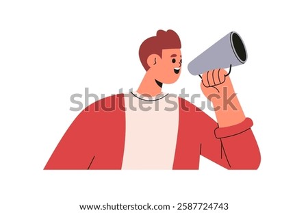 Man speaking with megaphone in hand. Announcing marketing message, promoting with loudspeaker. Promotion, announcement in loud speaker, bullhorn. Flat vector illustration isolated on white background