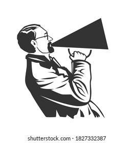 Man speaking in megaphone. Vector illustration. Black and white vector object.