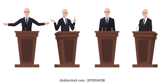 Man Speaking on Podium Orator, politician, Businessman Cartoon Character Set