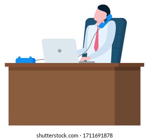 Man speaking on telephone at workplace with notebook isolated. Person sitting on chair and talking, online consultant at work, flat cartoon style person in tie