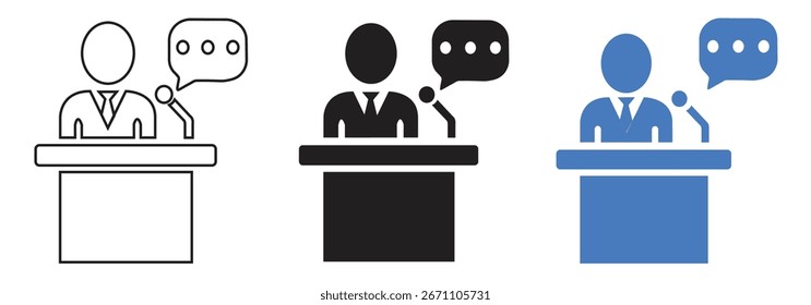 Hombre que habla en el podio con las burbujas del discurso y un sistema de 3 iconos para la presentación