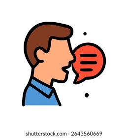 Hombre que habla con la ilustración roja del icono de la burbuja del discurso